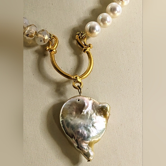 White Opal W/ Gold Specks Beads & Natural Pearls W/ Pearl Pendant Necklace - Picture 6 of 9